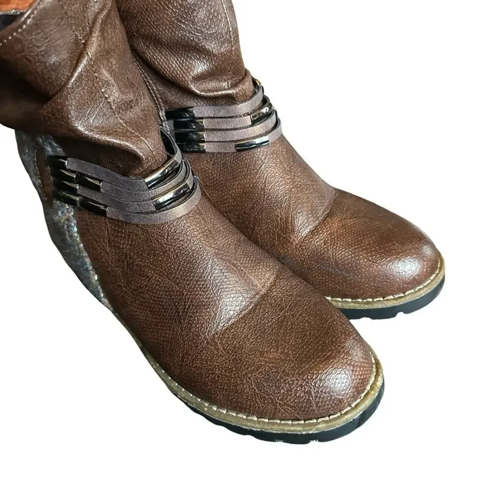 Muk Luks Women's Tisha Ankle Boots- Brown Faux Leather and Knit Booties Sz 9